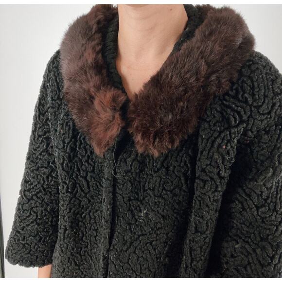 Vintage Fur Trim Black Pattern Winter Cape Size Small - Picture 4 of 6